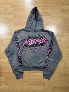 Hellstar Men's Gray Hooded Turtleneck Sweater with Pink Graphic